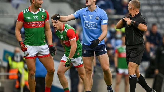 Brian Fenton of Dublin with Aidan O'Shea of Mayo during the GAA Football All-Ireland Senior Championship semi-final match between Dublin and Mayo at Croke Park in Dublin. 