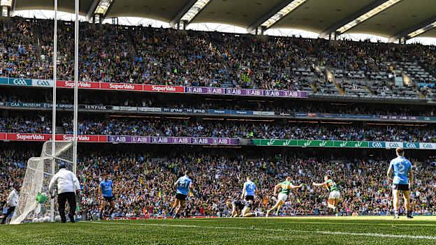 Seán O'Shea of Kerry celebrates after scoring his side's goal with team-mate David Clifford, right, during the GAA Football All-Ireland Senior Championship Semi-Final match between Dublin and Kerry at Croke Park in Dublin.