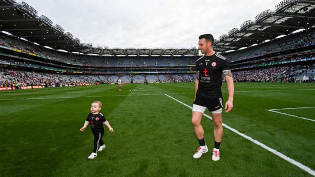 Tyrone goalkeeper Niall Morgan with his son Criostai after the GAA Football All-Ireland Senior Championship Final match between Mayo and Tyrone at Croke Park in Dublin.