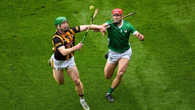 Martin Keoghan, Kilkenny, and Barry Nash, Limerick, in All-Ireland SHC Final action at Croke Park. Photo by Daire Brennan/Sportsfile