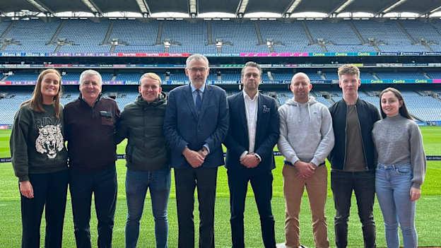 Left to right, Laura Dempsey, Tony Hannon, David Conneely, GAA President Larry McCarthy, Richard Hogan, Padraig Geoghegan, Mark Healy, Alannah Hannon pictured at Croke Park before the trip to The Philippines 