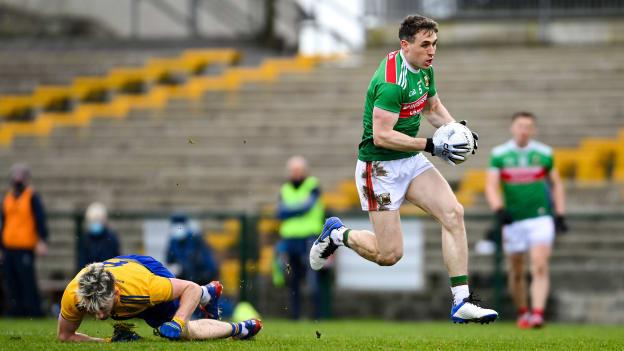 The impressive Paddy Durcan bursts forward for Mayo at Dr Hyde Park.