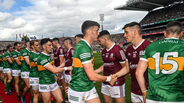 David Clifford of Kerry and Shane Walsh of Galway shake hands before the 2022 GAA Football All-Ireland Senior Championship Final match between Kerry and Galway at Croke Park in Dublin. 