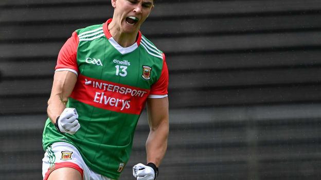 Tommy Conroy celebrates his first half goal against Down.