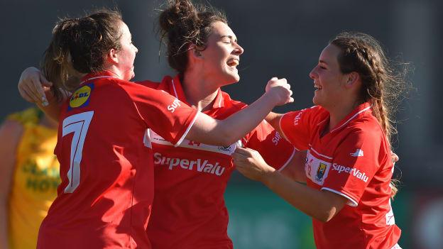 Shauna Kelly, Doireann O Sullivan and Orlagh Farmer celebrate at Parnell Park.