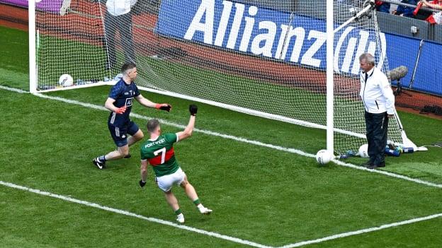 A second half Eoghan McLaughlin goal chance hit the post at Croke Park. Photo by Brendan Moran/Sportsfile