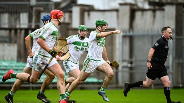 Eoin Cody celebrates after scoring an equalising goal in injury-time for Ballyhale Shamrocks against St. Rynagh's in the AIB Leinster Club SHC semi-final.