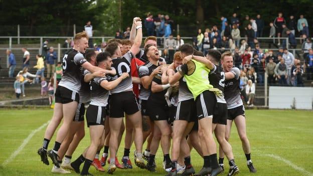 Sligo goalkeeper Aidan Devaney is congratulated after saving two penalties in a penalty shoot out by team mates in the Tailteann Cup Quarter-Final match between Leitrim and Sligo at Avant Money Páirc Seán Mac Diarmada, Carrick-on-Shannon in Leitrim. 
