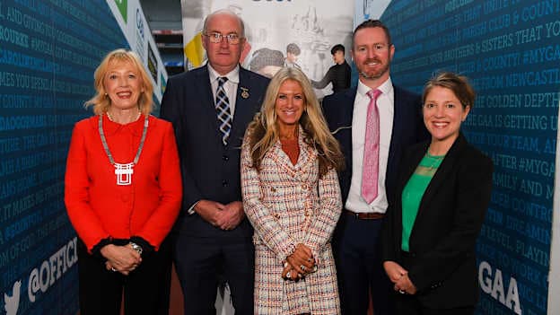 Uachtarán Chumann Lúthchleas Gael John Horan with, from left, Mary Keane, President of National Association Principals and Deputy Principals, Ciara O'Donnell, Director PDST, Eoghan Hanley, National coordinator, GAA/PDST Future Leaders TY Programme, and Yvonne McKenna, CEO Gaisce, at the GAA/PDST Future Leaders TY Programme Launch at Croke Park in Dublin. 