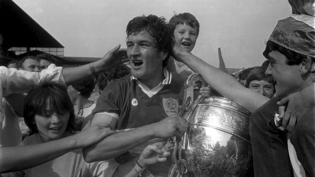 Pat Fleury holds the Bob O'Keeffe Cup after Offaly beat Wexford in the 1984 Leinster SHC final. 