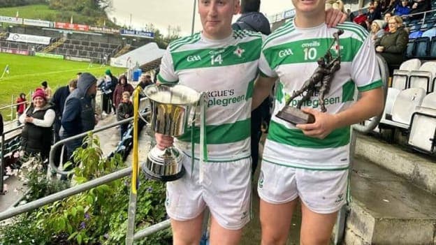 Cootehill captain, Diarmaid Carney, left, and Man of the Match, Rian Delaney pictured after the Cavan SHC Final. 