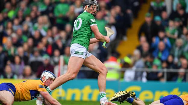 Gearoid Hegarty of Limerick look as his 27th minute shot hits the back of the Clare goal during the Munster GAA Hurling Senior Championship Final match between Limerick and Clare at Semple Stadium in Thurles, Tipperary. 