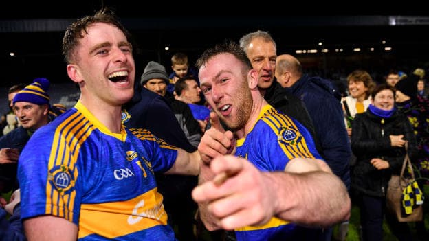 Clough-Ballacolla's Eoin Doyle and Brian Corby celebrate following a great win.