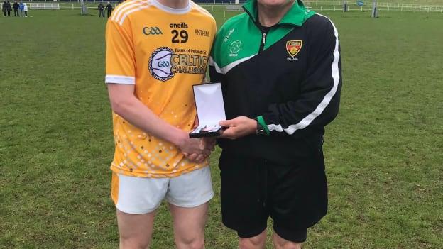 Antrim's Ciaran Magill pictured with his Best and Fairest Award after victory over Fermanagh in Group H of the BOI Celtic Challenge. 