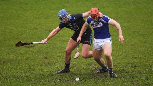 John Hetherton, Dublin, and Matthew Whelan, Laois, during the Allianz Hurling League Division 1B game at Parnell Park.