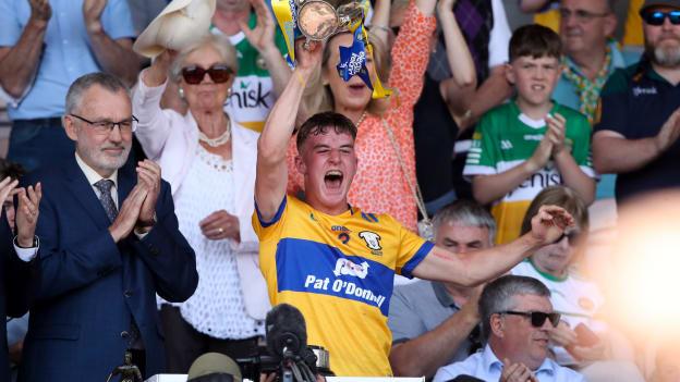 Clare captain Eoghan Gunning lifts the cup after the 2023 Electric Ireland GAA Hurling All-Ireland Minor Championship Final match between Clare and Galway at FBD Semple Stadium in Thurles, Tipperary. Photo by Michael P Ryan/Sportsfile