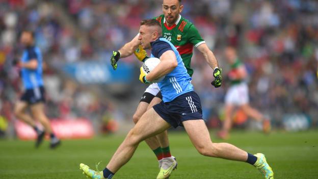 John Small, Dublin, and Kevin McLoughlin, Mayo, in All-Ireland SFC Semi-Final action at Croke Park. Photo by John Sheridan/Sportsfile