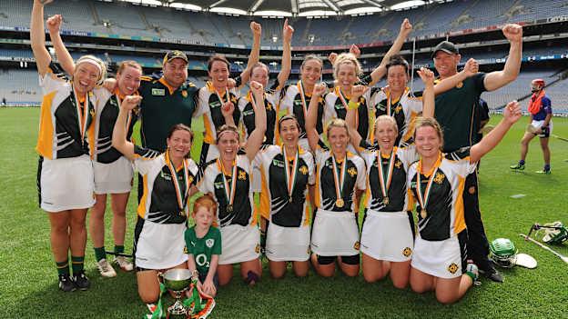 Australia players celebrate their side's victory in the GAA World Games Camogie Cup Final during Day 4 of the Etihad Airways GAA World Games 2016 at Croke Park in Dublin.