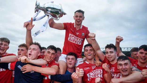 Dáire O'Leary of Cork, top, and team-mates celebrate following the 2020 Bord Gáis Energy GAA Hurling All-Ireland U20 Championship Final match between Dublin and Cork at UPMC Nowlan Park in Kilkenny. 