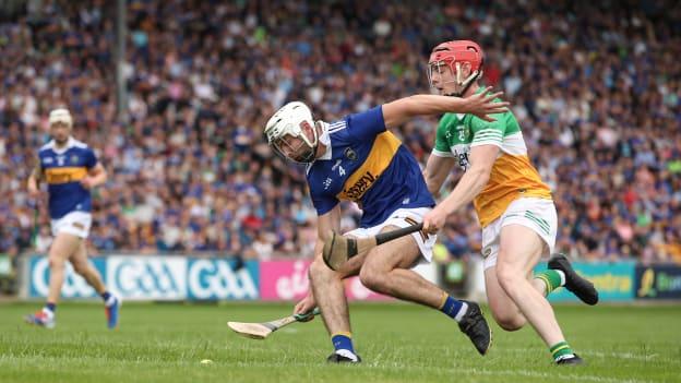 Craig Morgan of Tipperary in action against Charlie Mitchell of Offaly during this afternoon's clash of Offaly and Tipperary at Glenisk O'Connor Park. 