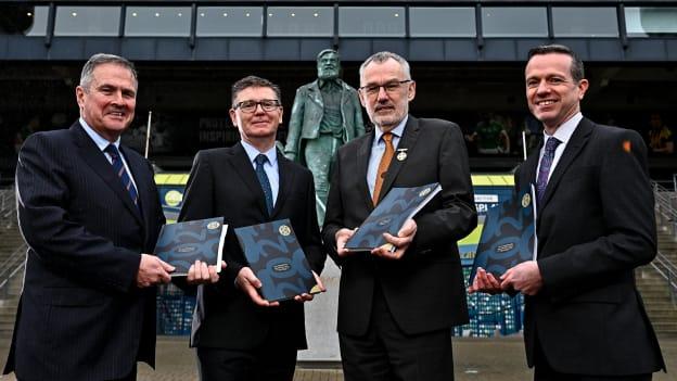 Pictured at the GAA Annual Report Launch are Croke Park Stadium Director Peter McKenna, Ard Stiúrthóir Tom Ryan, Uachtarán Chumann Lúthchleas Gael Larry McCarthy, and GAA Director of Finance Ger Mulryan.
