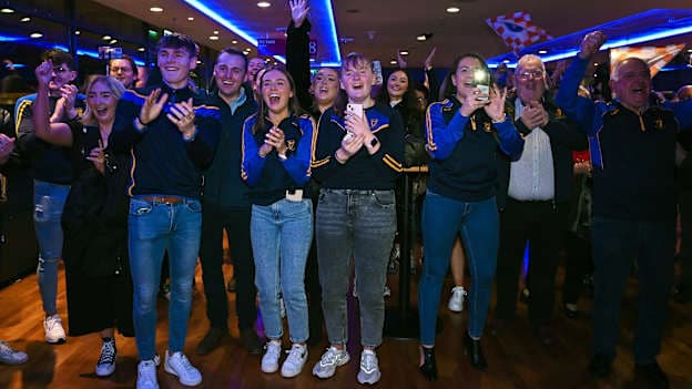 Members of the Silverbridge GAA club in Armagh celebrate after their member Jarlath Burns was voted-in as the GAA president elect during day one of the GAA Annual Congress 2023 at Croke Park in Dublin.