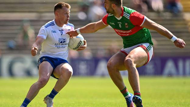 Ryan McAnespie, Monaghan, and Aidan O'Shea, Mayo, in action.