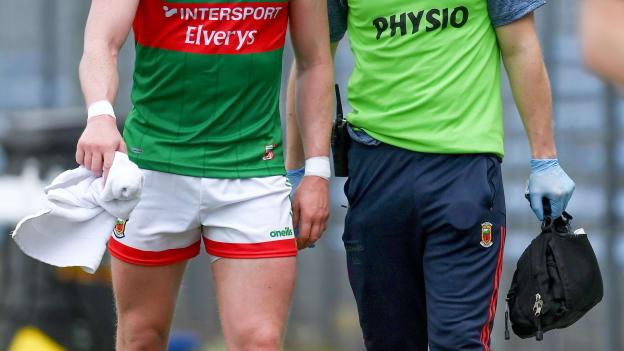 Cillian O'Connor of Mayo leaves the pitch with an injury during the Allianz Football League Division 2 semi-final match between Clare and Mayo at Cusack Park in Ennis, Clare. 