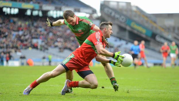 Philly McMahon, Ballymun Kickhams, in action against Senan Kilbride, St Brigid's, in the 2013 AIB All-Ireland Club SFC Final. 