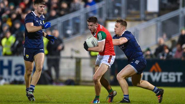 Enda Hession, Mayo, and Darragh Roche, Kerry, in Allianz Football League action. Photo by Brendan Moran/Sportsfile