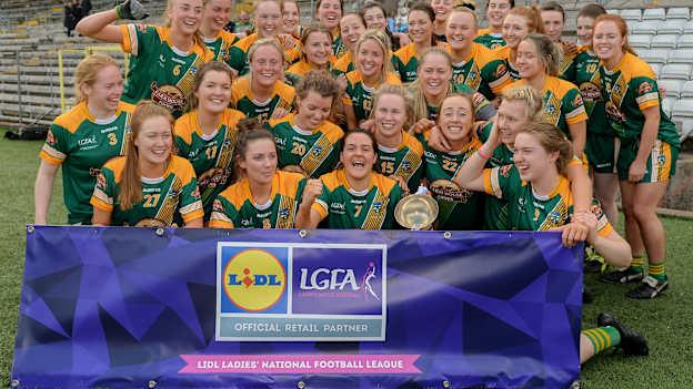Meath players celebrating after the Lidl Ladies NFL Division 3 Final between Meath and Sligo at St Tiernach's Park, Clones in Monaghan. 