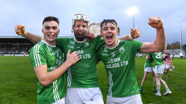 St Mullins players from left Paddy Boland, Jack Kavanagh and Paidi O'Shea celebrate after the AIB Leinster GAA Hurling Senior Club Championship Quarter-Final match between St Mullins and Ferns St Aidan's at Netwatch Cullen Park in Carlow.