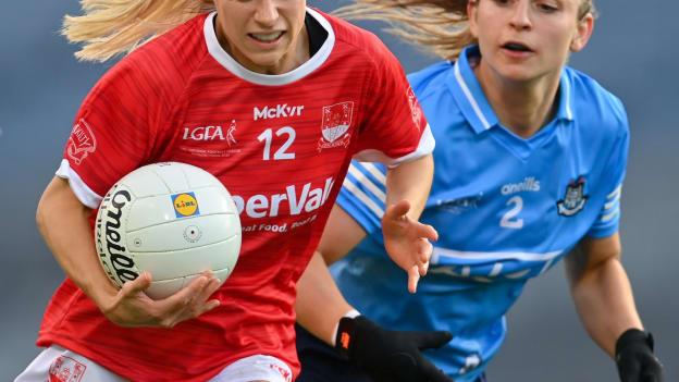Orla Finn of Cork in action against Martha Byrne of Dublin during the Lidl Ladies Football National League Division 1 Final match between Cork and Dublin at Croke Park in Dublin. 
