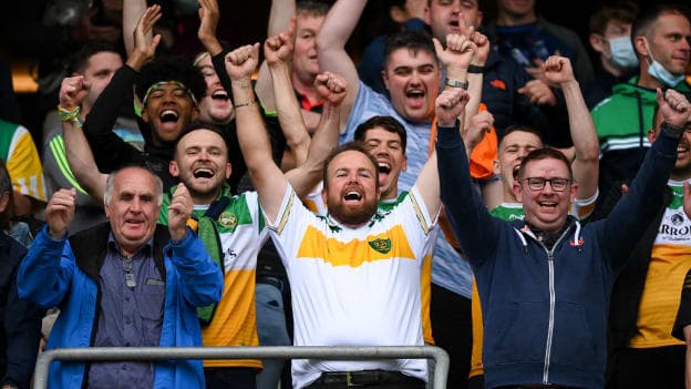 Shane Lowry celebrates at Croke Park following Offaly's EirGrid All-Ireland U20 Final win over Roscommon in 2021. Photo by Piaras Ó Mídheach/Sportsfile