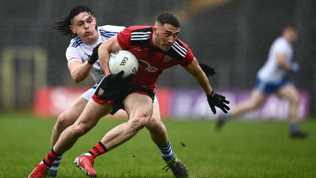 Conor Francis, Down, and Gary Mohan, Monaghan, in Ulster SFC action.