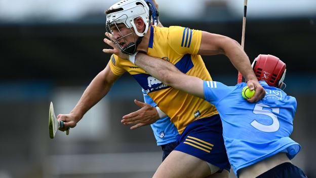 Aron Shanagher of Clare is pulled back by Paddy Smyth of Dublin during the Allianz Hurling League Division 1 Group B Round 4 match between Dublin and Clare at Parnell Park in Dublin. 