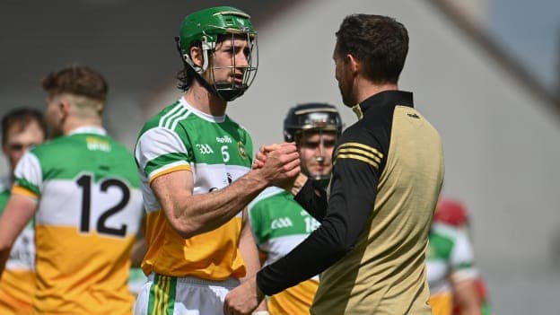 Ben Conneely, Offaly captain, is congratulated by Offaly manager Michael Fennelly after the Allianz Hurling League Division 2A Round 4 match between Offaly and Down last month. 
