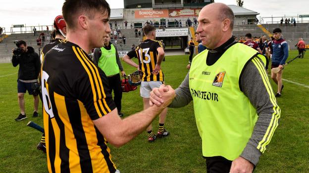 Kilkenny manager DJ Carey shakes hands with his son Michael after the 2019 Bord Gais Energy Leinster GAA Hurling U20 Championship semi-final match between Galway and Kilkenny at Bord na Mona O'Connor Park in Tullamore, Offaly. 