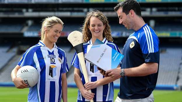 Ballyboden St Endas ladies footballer Emily Flanagan, left, camogie player Rachel Ruddy and footballer Michael Darragh Macauley at the launch of the One Club Guidelines at Croke Park in Dublin.