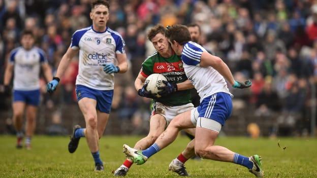 Neil Douglas, Mayo, and Darren Hughes, Monaghan, in action at Clones.