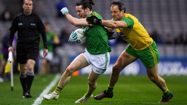Cillian O'Sullivan of Meath is tackled by Michael Murphy of Donegal during the Allianz Football League Division 2 Final match between Meath and Donegal at Croke Park in Dublin. 