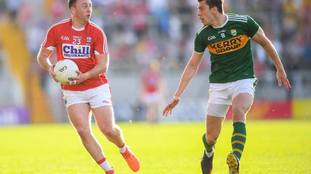 Paul Kerrigan, Cork, and David Moran, Kerry, during the 2018 Munster SFC Final.