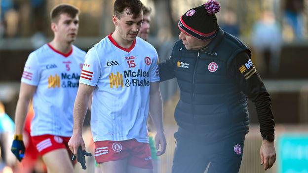 Tyrone forward Darragh Canavan and joint manager Fergal Logan. Photo by Ramsey Cardy/Sportsfile