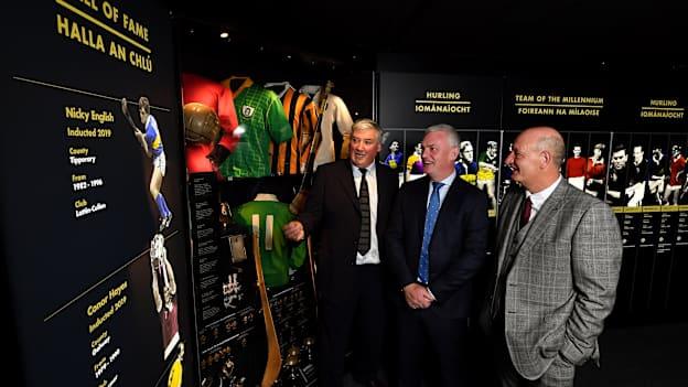 In attendance, from left, are former hurlers Conor Hayes of Galway, Nicky English of Tipperary and Terence ‘Sambo’ McNaughton of Antrim at the GAA Museum where they were inducted into the GAA Museum Hall of Fame.