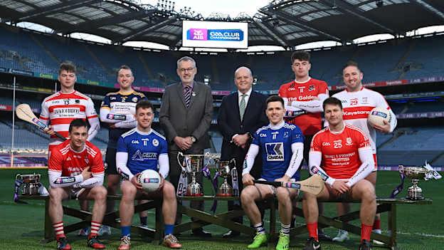 At Croke Park today to look ahead to this weekend’s finals were Cathail O’Mahony (Ballygiblin), Bernard Feeney (Easkey), Andrew La Touche Cosgrave (Monaleen), Fergal Boland (Tooreen), Matt Renne (Fossa), Gareth Devlin (Stewartstown Harps), Liam Rafferty (Galbally Pearses), and Paul Murphy (Rathmore).   
