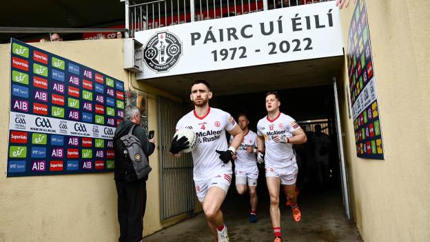 Pádraig Hampsey of Tyrone leads out his team before the Ulster GAA Football Senior Championship Quarter-Final match between Tyrone and Derry atO'Neills Healy Park in Omagh, Tyrone.