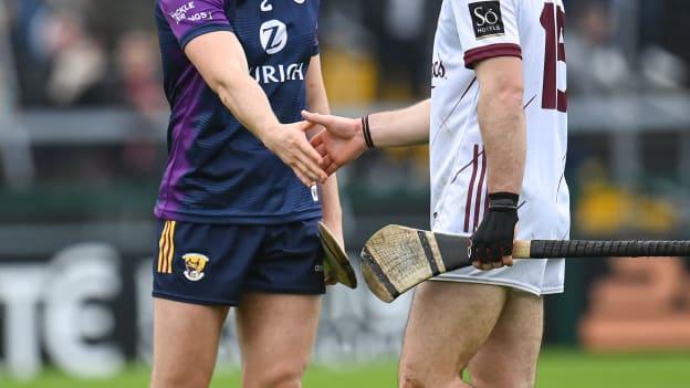 Shane Reck, Wexford, and Evan Niland, Galway, shake hands following the Leinster SHC clash at Pearse Stadium. Photo by Seb Daly/Sportsfile
