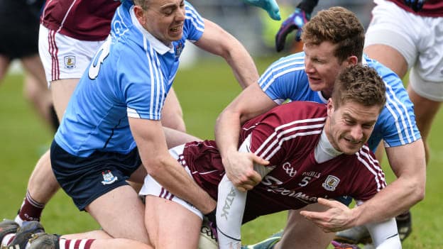 Gary O'Donnell fights for the ball during Galway's 2018 Division 1 Allianz Football League clash against Dublin. 
