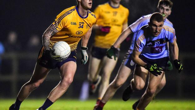 Shane Carthy of DCU Dóchas Éireann in action against Seán Egan of UCD during the 2020 Sigerson Cup Semi-Final match between DCU Dóchas Éireann and UCD.