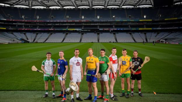 Christy Ring Cup hurlers, from left, Fergal Collins of London, Warren Kavanagh of Wicklow, Martin Fitzgerald of Kildare, Naos Connaughton of Roscommon, Sean Geraghty of Meath, Brian Óg McGilligan of Derry, Danny Cullen of Donegal and Stephen Keith of Down.